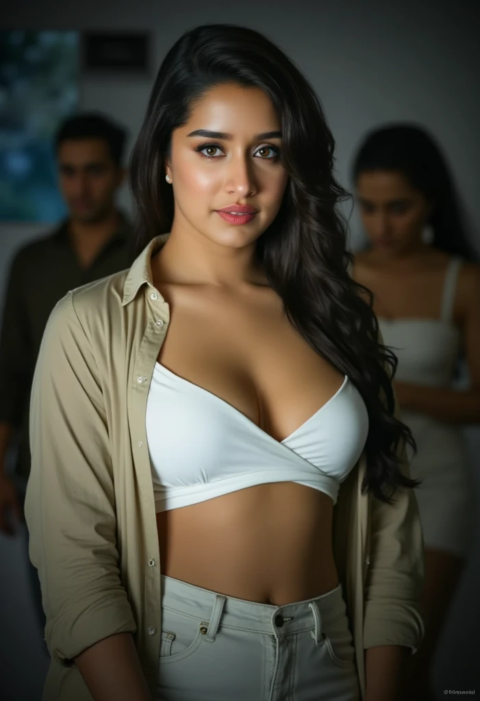 Photo of a 22-year-old Latina girl, .RAW, beautiful woman, ( long wavy black hair), grosse poitrine , ((portrait)), ((Detailed face: 1.2)), ((Detailed facial features)), (finely detailed skin), pale skinned, Highly detailed deep-neckline skin-tight leather shorts with white top , Environment of megacities, (couleurs froides), humide, humide, reflections, (Masterpiece) (proportion parfaite)(photo realist)(Best quality) (Detailed) photographed on a Canon EOS R5, Objectif 50mm, f/2.8, Hdr, (8k) (wallpaper) (lighting cinematic) (dramatic lighting) (mise au point nette) (complexe) , visage avec baiser soufflant , A very beautiful woman