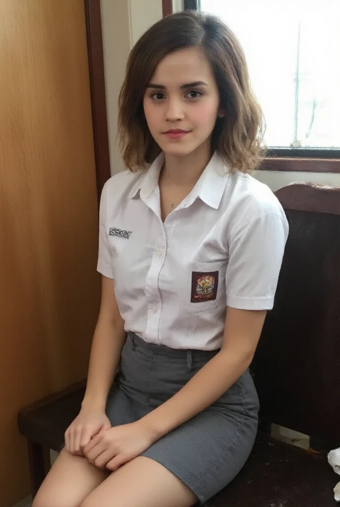 arafed an indonesian beautiful young girl in a white shirt and grey skirt sitting on a Indonesian train, a picture by Ryūsei Kishida, tumblr, sōsaku hanga, a hyperrealistic schoolgirl, hyperrealistic schoolgirl, cute schoolgirl, wearing japanese school uniform, realistic schoolgirl, Indonesian girl school uniform, of a schoolgirl posing, soft colour, dark theme