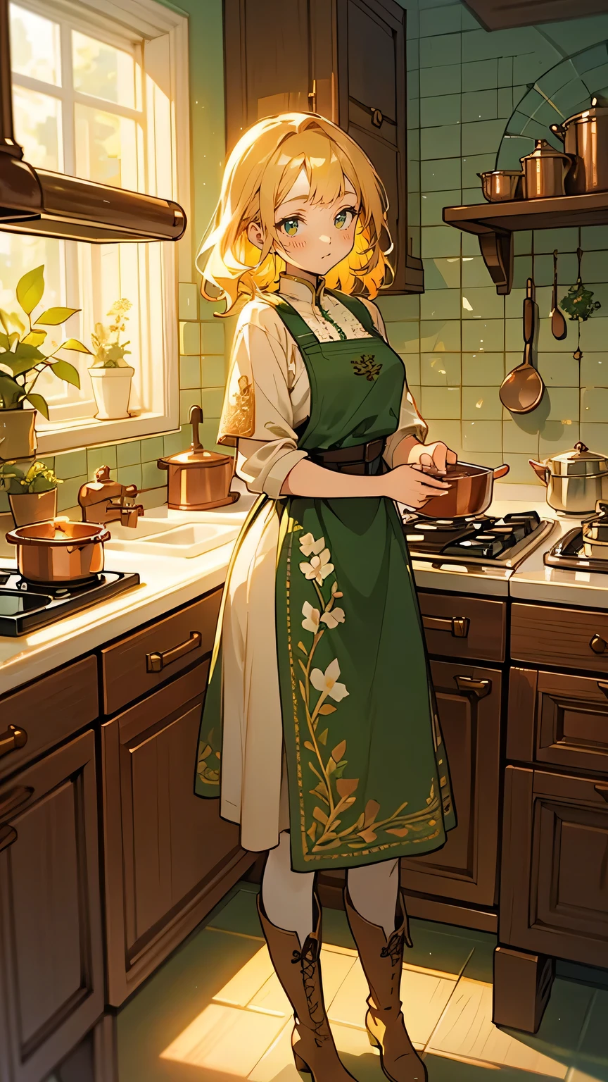 　A lively young woman in her mid-20s, short wavy blonde hair, bright green eyes, wearing a fitted beige tunic with floral embroidery and leather boots, sprinkling herbs over a dish at a wooden counter, confident smile, bustling kitchen with fresh herbs, simmering sauces, and warm hearthlight reflecting on copper pots.
