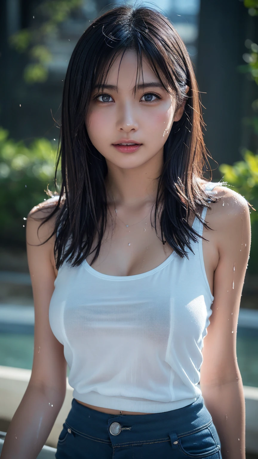 (top-quality、4K、​masterpiece:1.3)、Beautuful Women、1 female、(breastsout、Attractive body:1.2)、abdominals:1.1、dark brown hair:1.1、(rainy wet、Wet in the rain、Wet body:1.2)、Ultra-detailed face、Detailed lips、A detailed eye、二重まぶた　With short hair, Shiori Teshirogi, Kotegawa Yui, hime-cut, She is 17 years old, sui ishida with black hair, lain iwakura, girl cute-fine-face, Clear pubic contours,(Small breasts), hight resolution, ighly detailed, top-quality, [​masterpiece:1.6],, ighly detailed, nffsw, finely detail, top-quality, , Cinematographic lighting, 1girl in、17 age、Cute Japan Girls、perfect body type、, Cute droopy eyes、Beautiful big eyes、ultra-detailliert、hight resolution、Transcendent beauty　top-quality、​masterpiece、majicMIX Real、(Raw photography:1.2)、(Photorealsitic:1.4)、