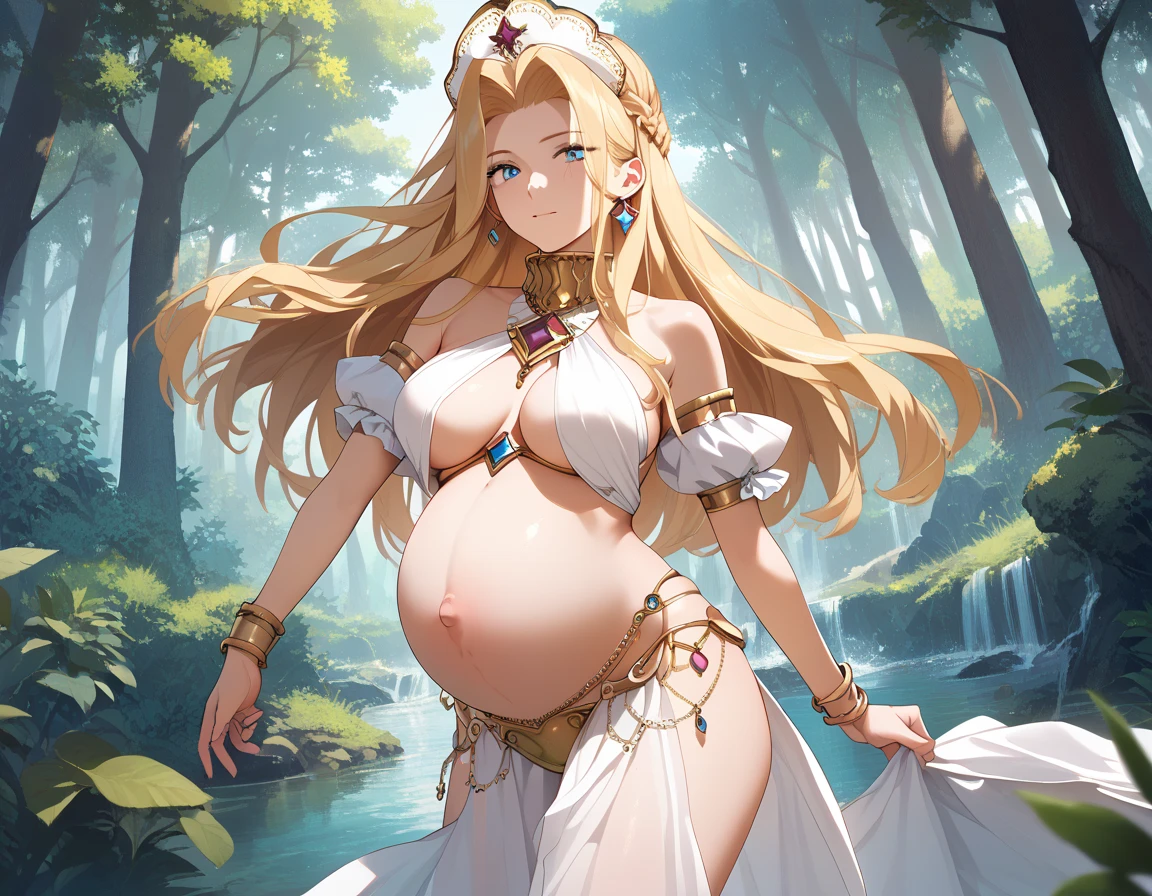 MintBase , blonde hair, long hair, blue eyes,white dancer costume, pregnant ,  light-rich forest ,breast_curtain
