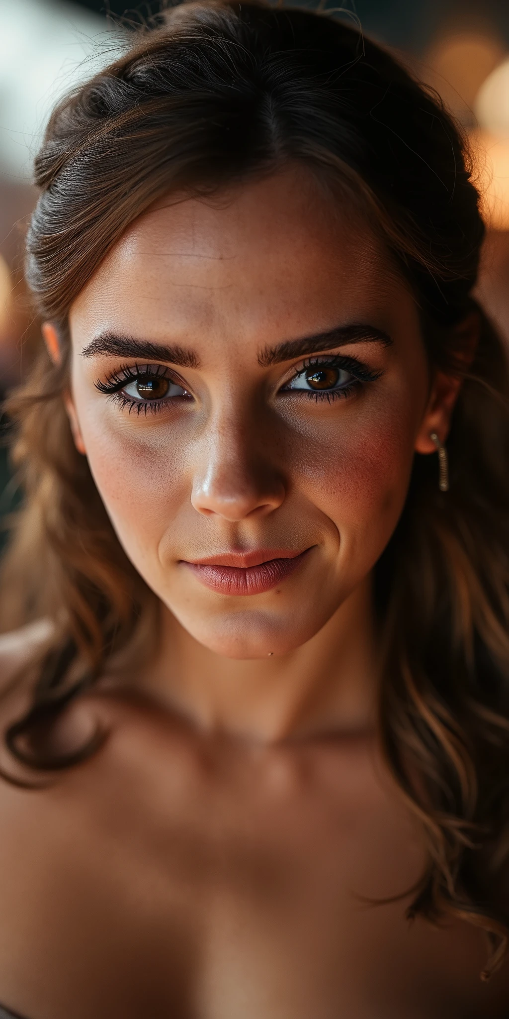 A close-up portrait of woman with vibrant brown hair, green eyes, captured in ultra-realistic 8K resolution using a Canon EOS R5 with a 50mm f/1.2 lens. Her face is sharply detailed, smiling, with smooth skin textures, defined facial features, and a piercing gaze that exudes confidence. Gopro hero photo, persian girl with big boobs wearing a bikini dancing at tomorrowland festival (huge massive breasts, direct flash photography style. raw energy. Her expression is sweet and alluring, her brown hair styled. Large expressive eyes. high-contrast, overexposed, flash photography effect, with deep shadows and strong highlights.