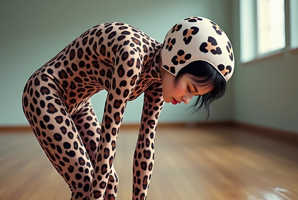 the beautiful and thest Chinese adult girl with beautiful cheeks wears yellow leopard print lycra footed turtleneck unitard catsuit covered with black leopard patterns.She always wear yellow leopard print lycra elastane stretchy dancewear hijab-like zentai hood.She is take part for contortion.She is my beautiful contortionist in the world.