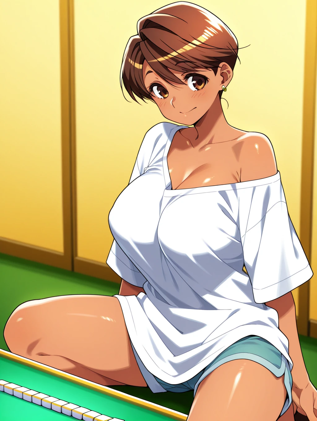 Toono mizuki , dark-skinned female, brown eyes, earrings,  from the side 1 girl ,   No.,  shorts, Masterpiece,  best quality ,Big Breasts、stripgame、Mahjong table、Strip Mahjong、comics、comicsページ、 comicsページ、 comics　Panel layout、comicsシーン　Mahjong tournament、 Punishment Game、2 Scenes　nsfw　モノクロcomics　comics割り　Mahjong Match 　Opponent is SHOTA 、 oversized shirt、Spectacle
