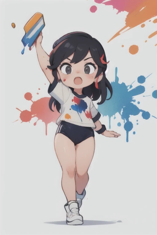 masterpiece,best quality,ultra-detailed,1girl,colorful,full body,paint splatter,wearing a Black gymnastics bloomers, High leg、white blouse, cowboy shot、