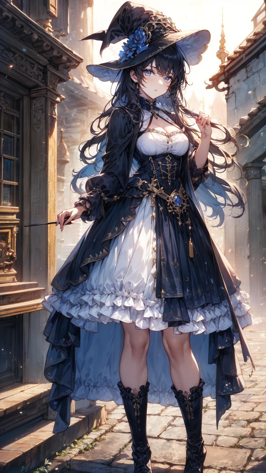 Head to foot in composition  、  full body view、,(  Highly Detailed Eyes,  very detailed face), (  realistic ,  high definition ), (  Top Quality :1.4), (  Top Quality ), 5, Midea,  1 girl ,A woman in a dress and boots is standing in front of a building, Baroque Dress, in detailed steampunk dress, an elegant gothic princess, victorian gothic ****ta fashion, Historical Baroque Dress Dark, black gothic ****ta dress, fantasy style clothing, rococo dress, black rococo, classical witch, fantasy outfit, wearing a gothic dress, romantic dress, gothic dress