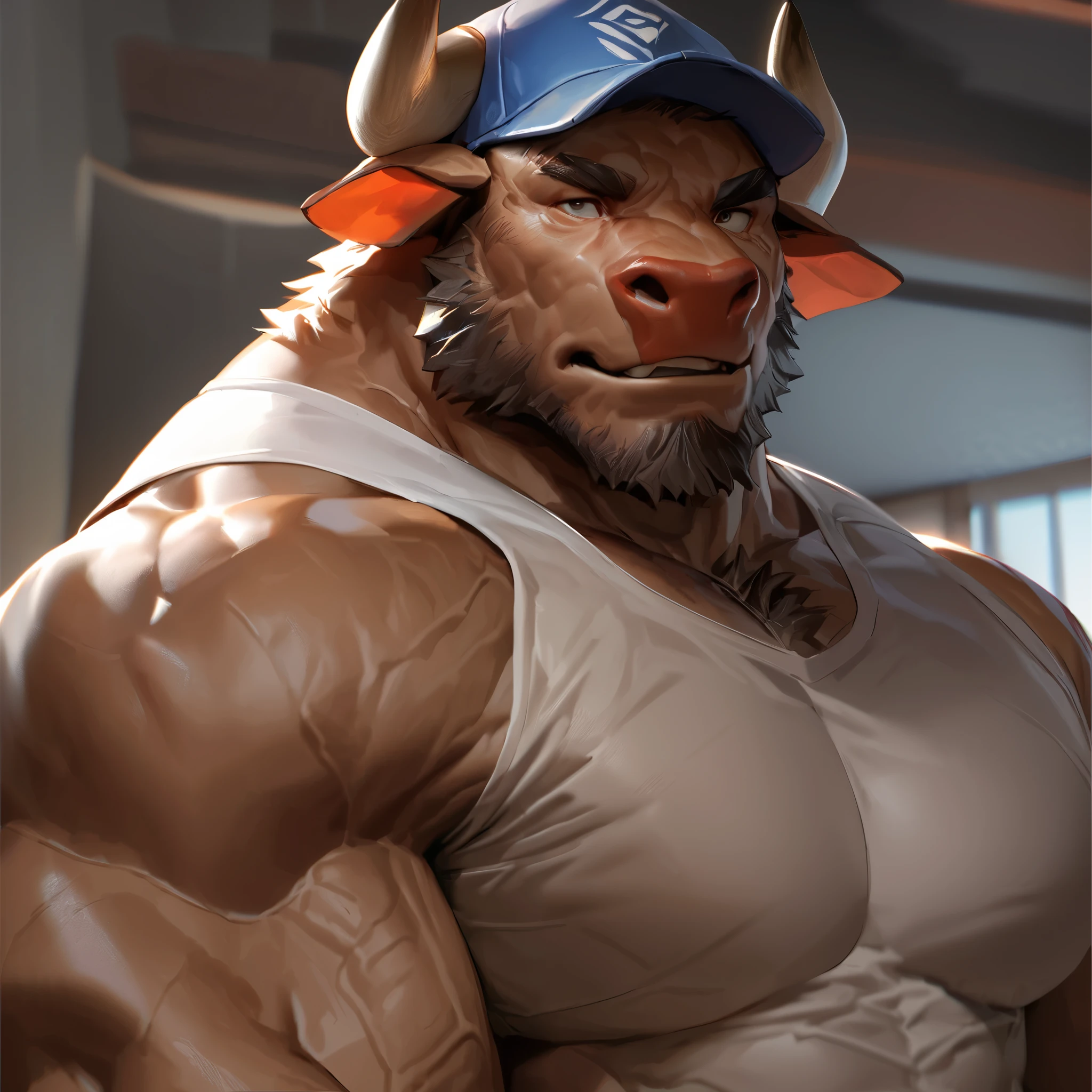 by_lindong, digital art, masterpiece, solo, 1boy, 1man, portrait, face shoot, Huge muscular, furry brown bull, face, baseball cap, shirt, head shot, detailed ,detailed muscle, background, detailed, shirtless, masterpiece, semirealistic:1.2, high detailed, 8k, high resolution, ,highly detailed, 8k, photorealistic, epic heroic fantasy, Masterpiece, Anatomically Correct, Best Quality, Textured Skin, Ray Tracing, Hyperrealism, Hyperdetailed