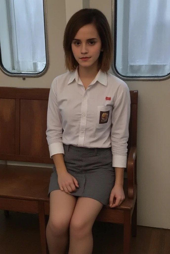 arafed an indonesian beautiful young girl in a white shirt and grey skirt sitting on a Indonesian train, a picture by Ryūsei Kishida, tumblr, sōsaku hanga, a hyperrealistic schoolgirl, hyperrealistic schoolgirl, cute schoolgirl, wearing japanese school uniform, realistic schoolgirl, Indonesian girl school uniform, of a schoolgirl posing, soft colour, dark theme