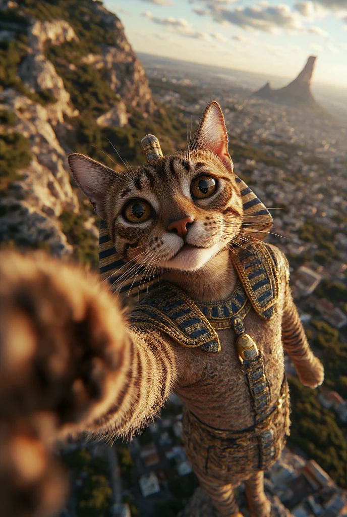 a giant pharaoh statue with a head is kitten take a selfie, high angle view, ultra realistic, surrealism, fantasy, hyper realistic, detailed face, beautiful eyes, cute expression, intricate details, masterpiece, 8k, professional photography, dramatic lighting, moody colors, cinematic atmosphere