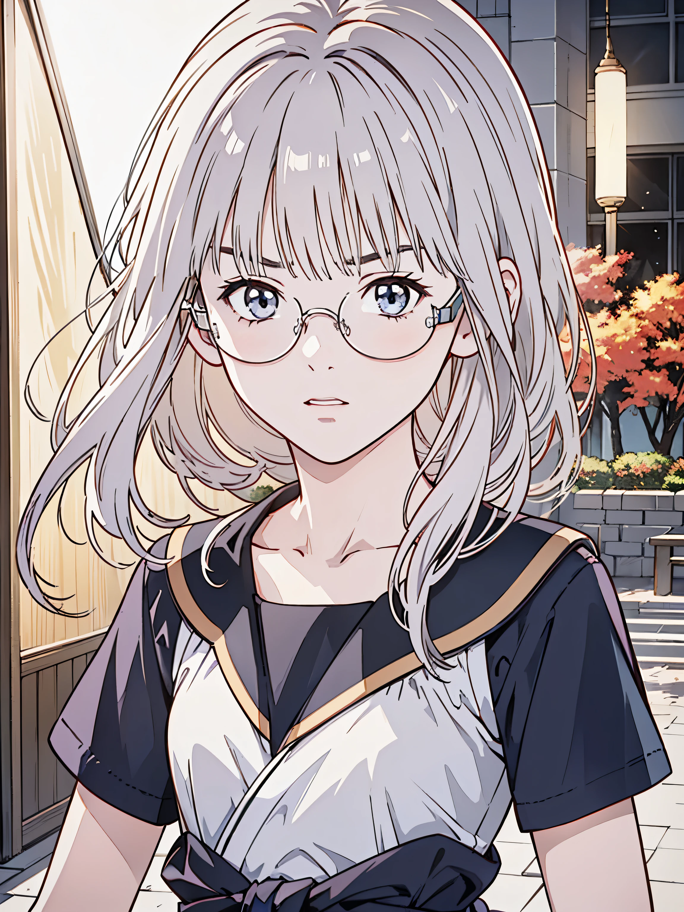 (8k、 top quality、​masterpiece:1.2)、( realistic、 ultra-detailed、 super A high resolution、 1 girl、、 beautiful detailed face、narrow、( Slim Waist ) :1.3)、Autumn Clothes、  、 Skin Texture 、Floating Hair、  professional lighting 、服、 An anime character with glasses 、 Human body、 brown hair、(Timid、 quiet 、Junior high school students、 embarrassing)、(( An anime character with glasses る))、Kempo uniform、Wooden sword、