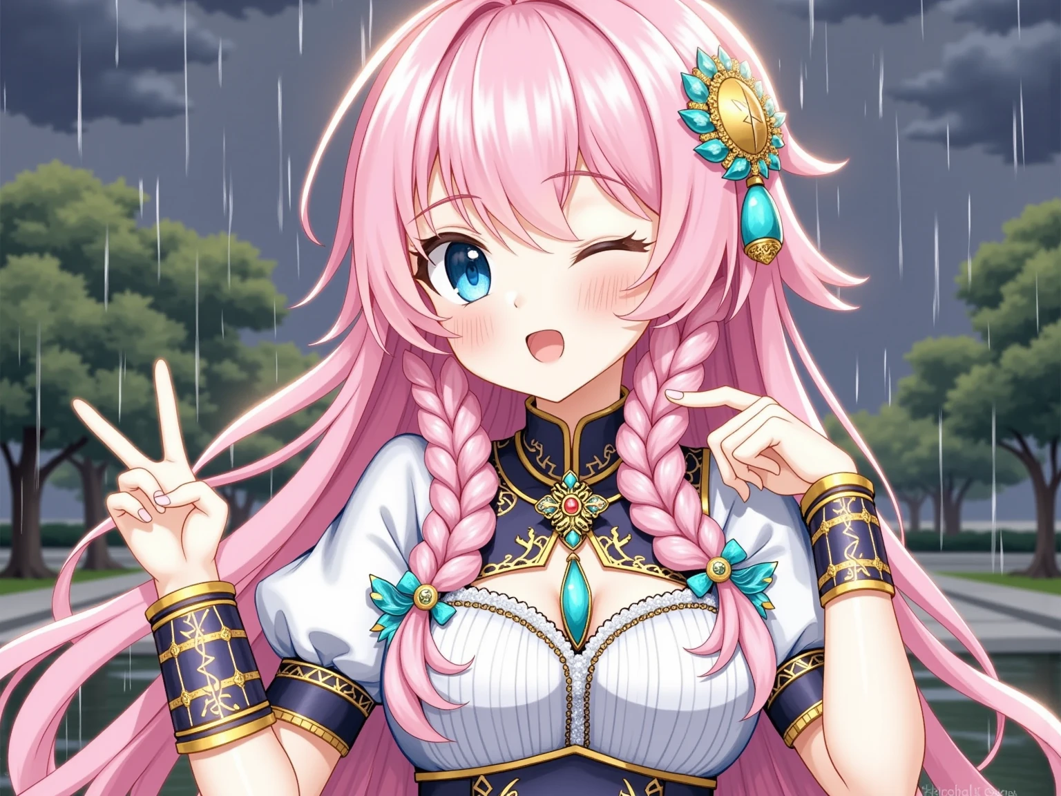 1girl, masterpiece, upper body, twin braids, solo, colored eyelashes, armlet, v, medium breasts, jewelry, hand up, looking at viewer, blue eyes, long hair, pink hair, outdoors, one eye closed, open mouth, rain, wet, see-through