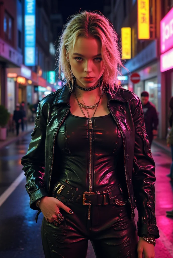 Milly Alcock,blonde hair,Cyberpunk style 