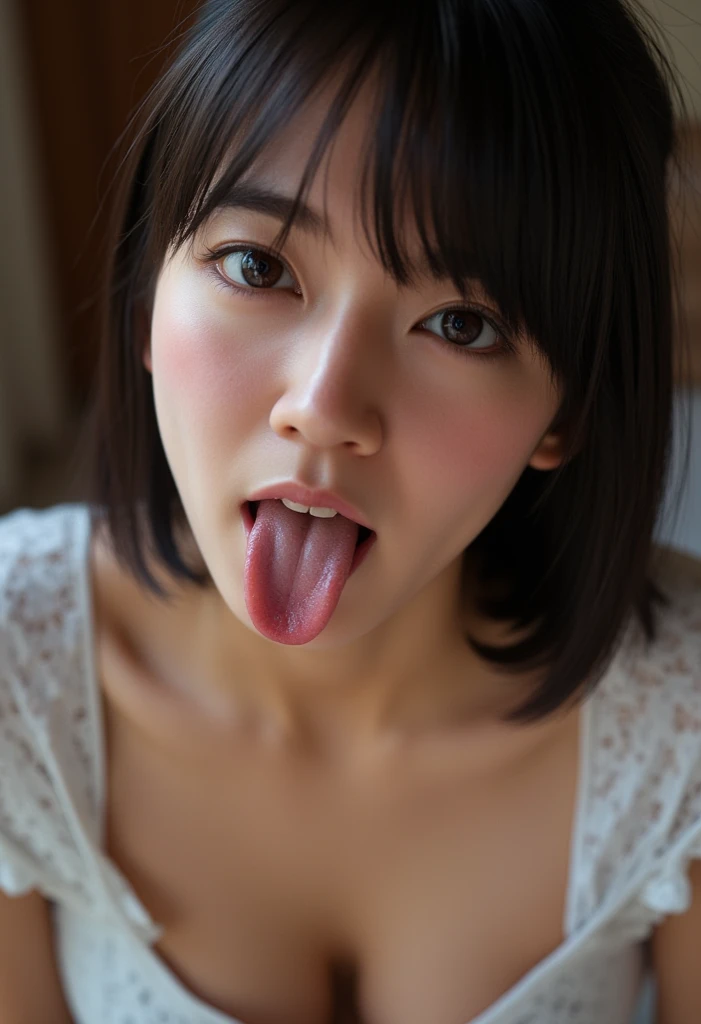 Tabletop、、Awards - Winning Photos、Very detailed、Face close-up、Focus your eyes、Nose and mouth、Face Focus、Woman with open mouth and closed eyes、Close-up of face focus,Off-the-shoulder knit、Age 35、Black Hair、Symmetrical face、Realistic nostrils、Angle from below、Elongated C-shaped nostrils、、、Sweaty skin、Sweat accentuates shiny skin、((Sharp Nose))Skin shiny with sweat、Shiny skin、Big eyes、double eyelid、(My tongue is wet and shiny) ((Wet tongue)) ((Berokisu))10cm to camera lens、((Gray background,Semi-backlit,))