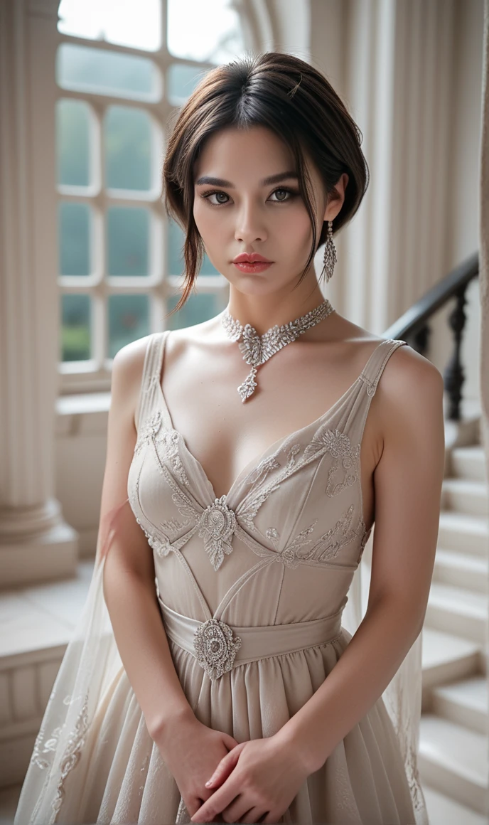 Her Majesty the Queen of England in the 18th Century, A dress with a narrow waist and rich embellishments, Perfect breast shape, masterpiece, Highest quality, Intricate details, Sharp focus, ((alone:1.4), View your viewers, Ultra-high resolution, (One girl:1.4), Detailed Background, Big tiara, Lots of gems, Cleavage