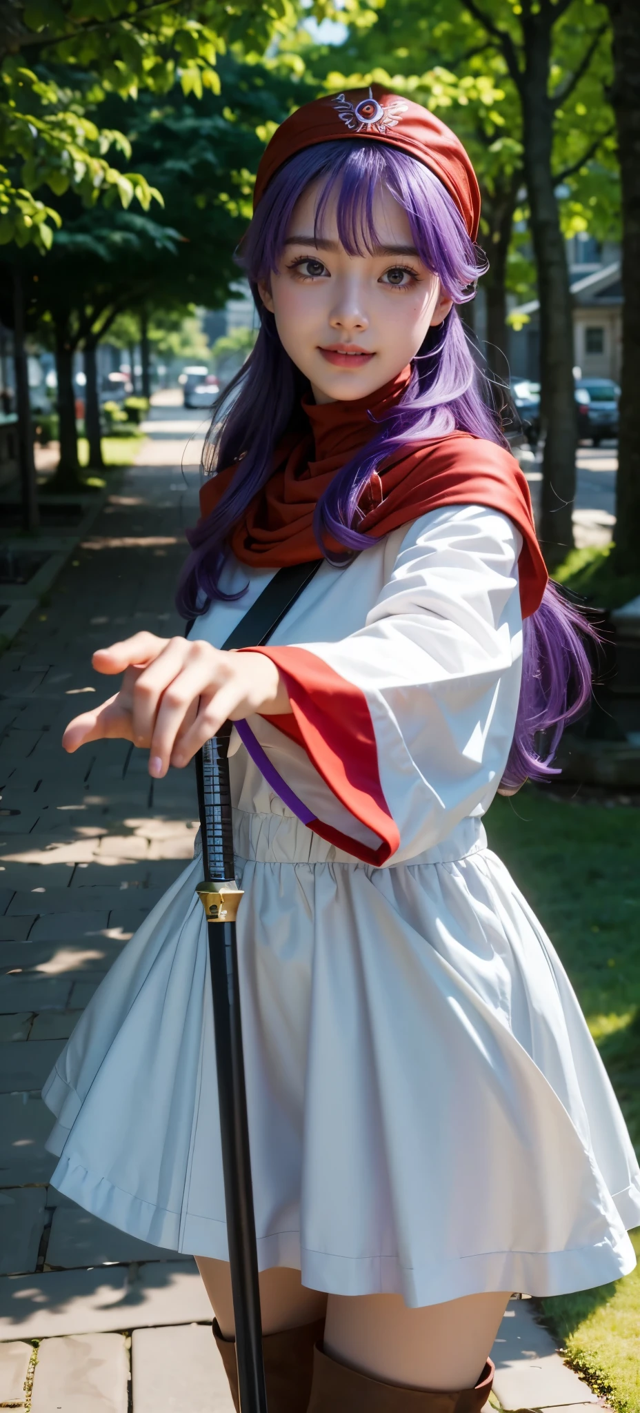 ((smile)).((strongwind)).(dqPOM,boots. red hood, purple hair, Robe, upper body, )、standing fullbody、detailed face, cute face , best quality , bangs , smile ,smallhead:1.3.big clear eyes, very beautiful light eye highlights, earrings, best quality, looking at viewer, slight,masterpiece, best quality:1.4 、8k, raw photo, photo realistic:1.2、 ultra realistic ,detailed, 16 K , Film type light, looking at viewer、 deepforest.
( depth of field), masterpiece, ( realistic), ((***1 person))、holding staff、 ( combat stance:1.3), Action Scene , dynamic poses, serious expression、 holding staff