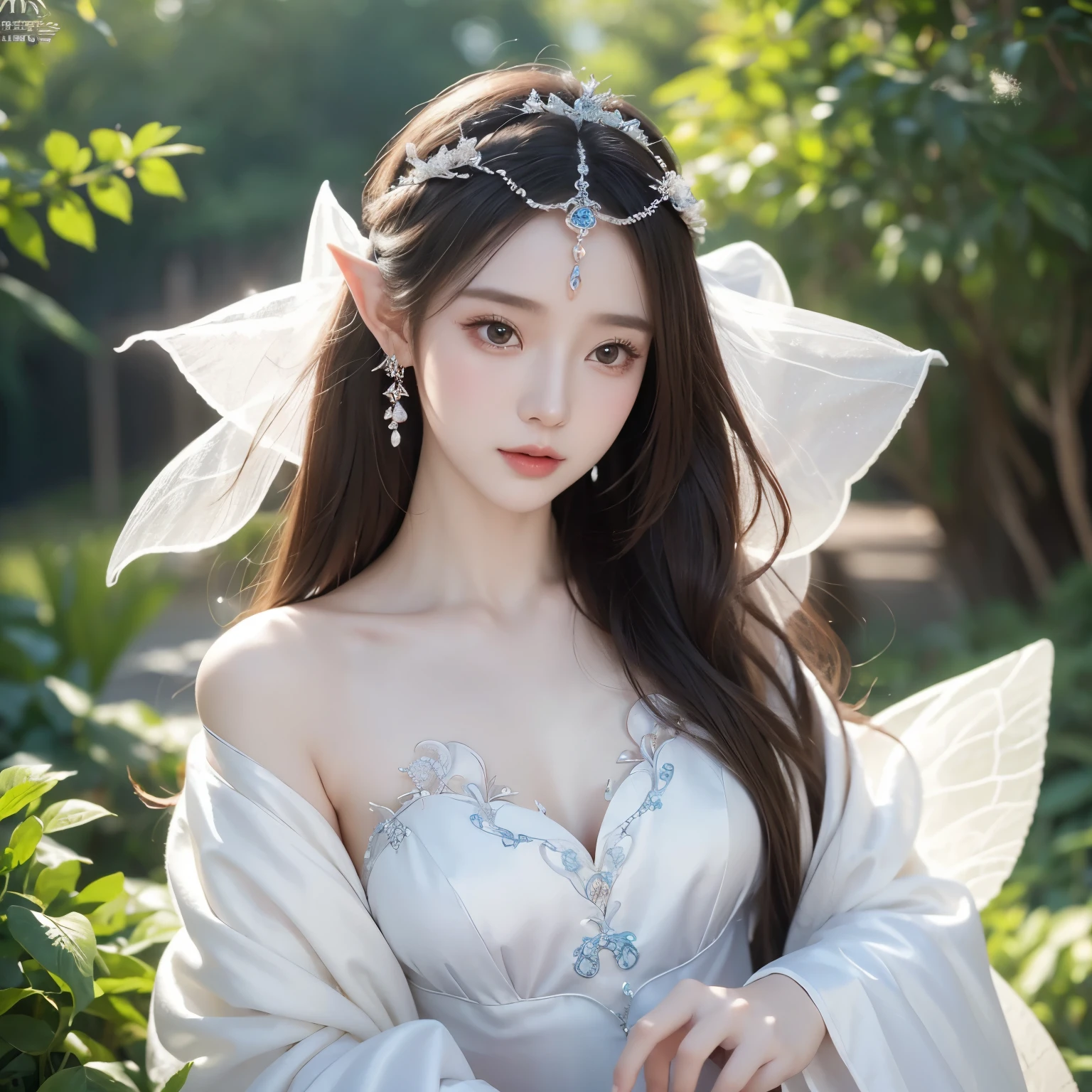 Graceful elven girl standing in meadow, Delicate face illuminated by the soft light of the setting sun. Her long, Flowing hair runs down your back, Decorated with intricate braids、Adorned with sparkling gemstones. This great photo is、、、It captures the ethereal beauty of elves. Slender figure in silk dress、Swaying in the soft steppe breeze. Attention to detail、Face that is、Face that is、Face that is、Face that is、It is evident in the intricate patterns of the dress and the subtle highlights of the luminescence. skin. The breathtaking portrayal of the elven girl is、、、、、Create an enchanting atmosphere、It invites the viewer to a magical world. emerald green hair color and eye,