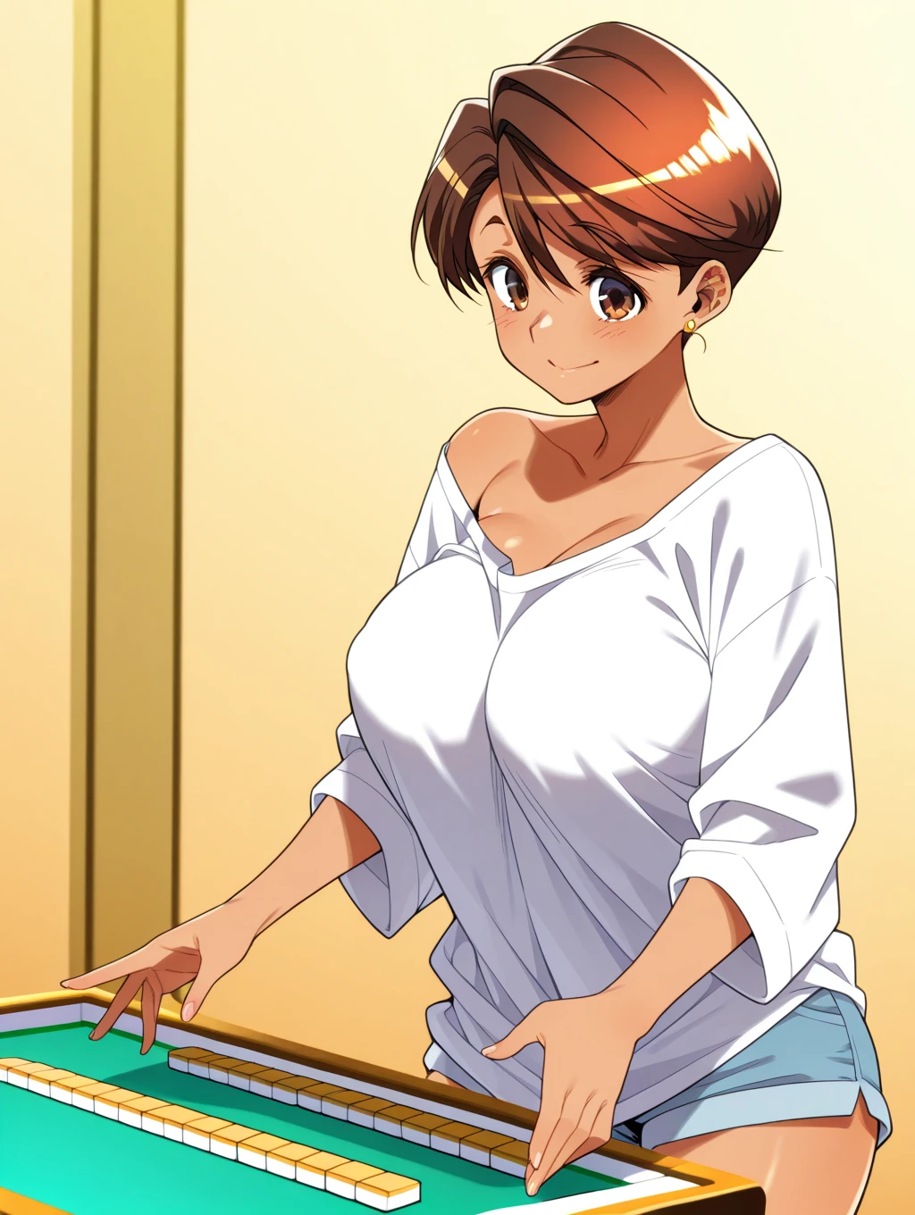 Toono mizuki , dark-skinned female, brown eyes, earrings,  from the side 1 girl ,   No.,  shorts, Masterpiece,  best quality ,Big Breasts、stripgame、Mahjong table、Strip Mahjong、comics、comicsページ、 comicsページ、 comics　Panel layout、comicsシーン　Mahjong tournament、 Punishment Game、2 Scenes　nsfw　モノクロcomics　comics割り　Mahjong Match 　Opponent　 middle-aged fat shota、 oversized shirt、Spectacle　4-person mahjong 
