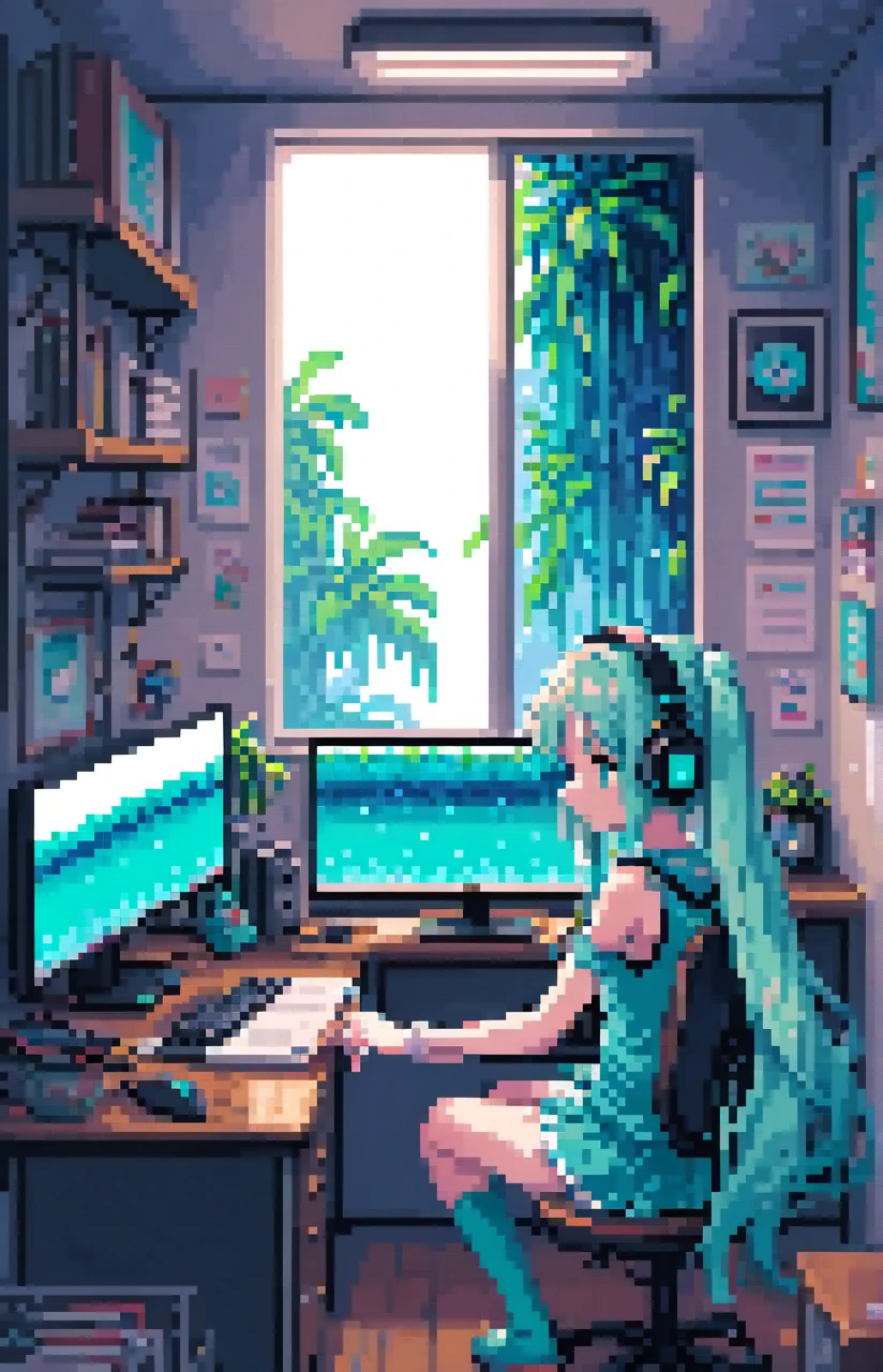 Pixel art， and the girl studying ， Long Hair ， Hatsune Miku ，， is facing the desk with headphones on，There is a water tank beside the desk ，Retro Room，Barely，Pixel，