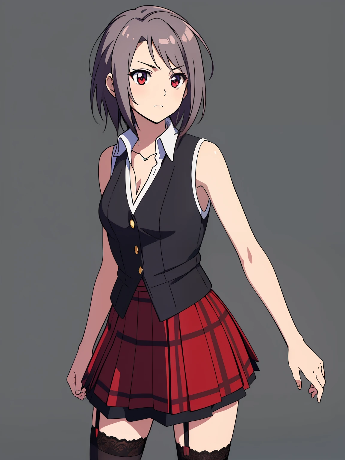(high-quality, breathtaking),(expressive eyes, perfect face) 1girl, female, solo, ager, black color hair, red highlight in hair, red eye color, short hair length, fluffy spiky hair, Symmetrical Eyes, portrait, positive expression, grey background, narrow eyes, fserah, sleeveless white dress shirt, red plaid-pleated skirt lined with black lace, black thigh-high stockings, serah farron outfit, half open eyes, standing straight