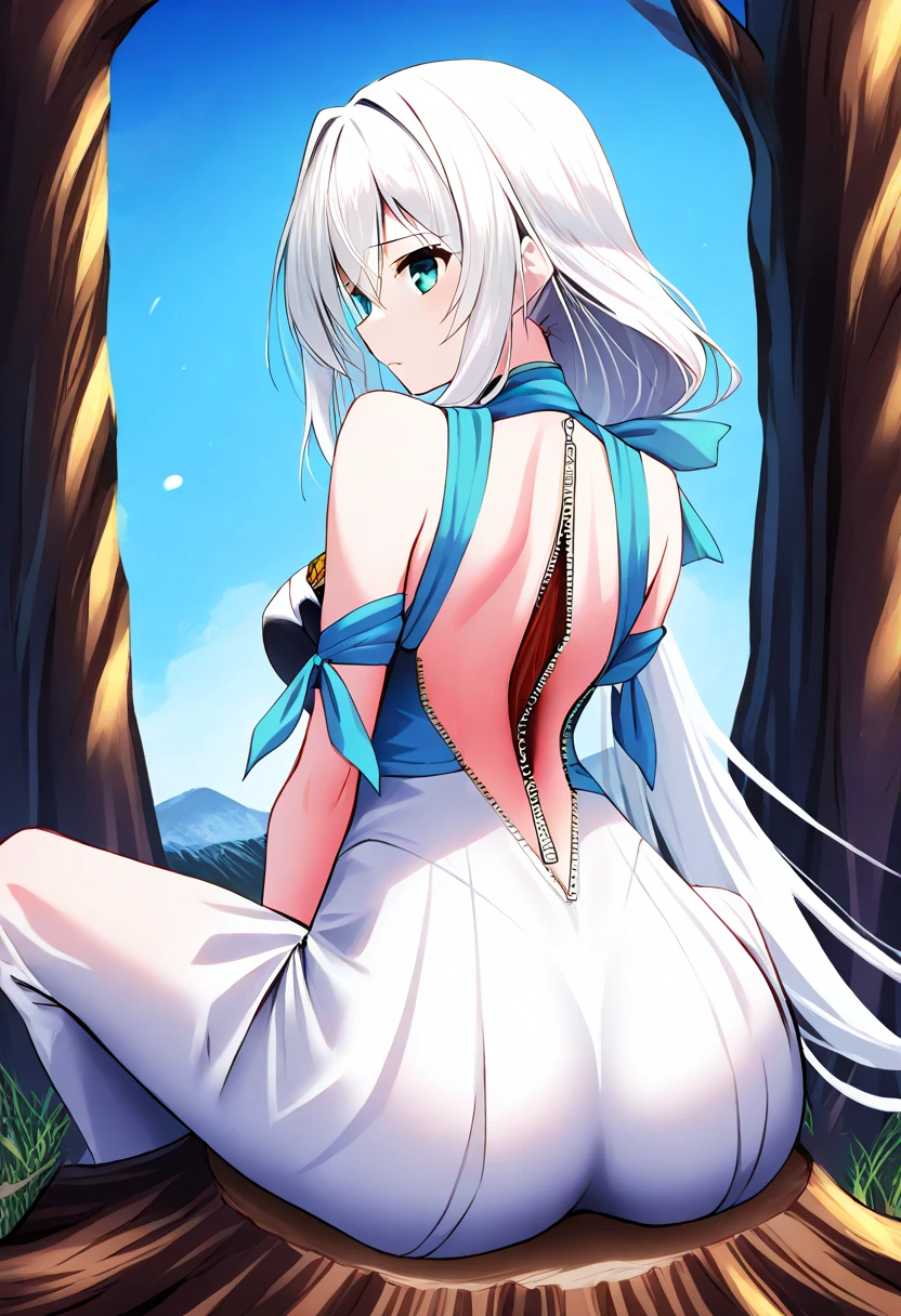BREAK looking at viewer, BREAK (masterpiece:1.2), best quality, high resolution, unity 8k wallpaper, (illustration:0.8), (beautiful detailed eyes:1.6), extremely detailed face, perfect lighting, extremely detailed CG, (perfect hands, perfect anatomy),outdoor,nature,trees,night,forest,stars,moon,starfall,mist,aqua, long hair, blue eyes, hair ornament, very long hair, blue hair, hair rings, single hair ring, hair bobbles, thighhighs, bare shoulders, detached sleeves, white thighhighs,green bow,nipples,nipples see through,sideboob,sexy lingerie,black lingerie,lace bra,transparent bathrobe,no panties,from behind,back view,showing ass,showing anus,anus,butthole,asshole,without panties,ass to camera,bend down.