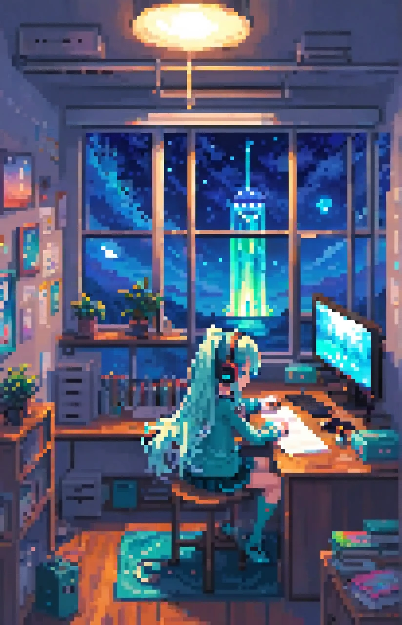 Pixel art， and the girl studying ， Long Hair ， Hatsune Miku ，， facing her desk with headphones on，Pencil and notebook on desk ， she's writing in a notebook ，There is a water tank beside the desk ，night， windows are open，night景が窓から見える，Retro Room，Barely，Pixel，