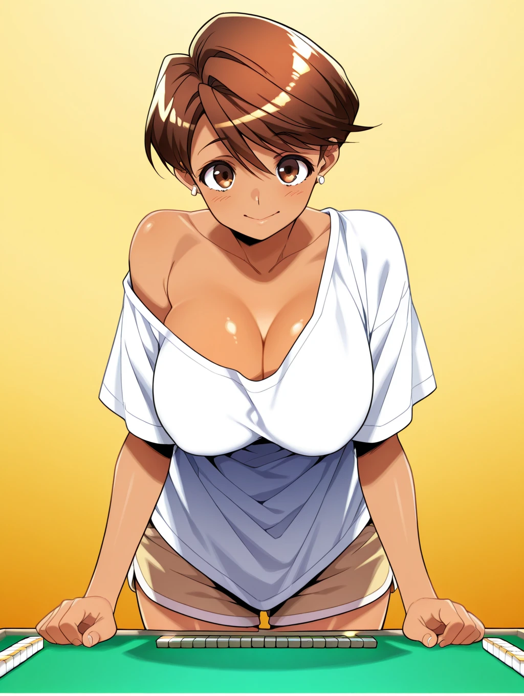 Toono mizuki , dark-skinned female, brown eyes, earrings,  from the side 1 girl ,   No.,  shorts, Masterpiece,  best quality ,Big Breasts、stripgame、Mahjong table、Strip Mahjong、comics、comicsページ、 comicsページ、 comics　Panel layout、comicsシーン　Mahjong tournament、 Punishment Game、2 Scenes　nsfw　モノクロcomics　comics割り　Mahjong Match 　Opponent　 middle-aged fat shota、 oversized shirt、Spectacle　4-person mahjong 　Group
