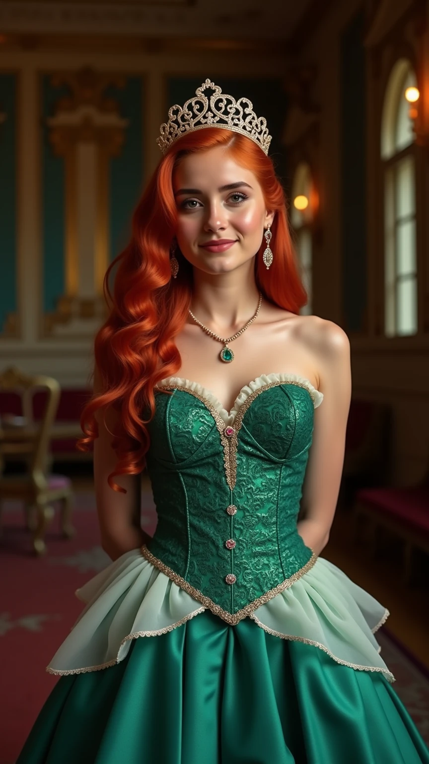 Very Close-up portrait of a demure figure, a   in a ariel costume, ornate ball gown, ((18 years old with tiny breasts; Disney princess Ariel costume; glued to the body; beautiful and elegant; tiny breasts; red hair swept to the side))) and piercing gaze, standing in a dimly lit palace room with ornate designs and a high ceiling, with just a hint of early morning sunlight peeking through the windows. She stands firm, hands clasped behind her back, as she gives a slight  smile. The lighting in the room is dim with a lot focus on her tiny breasts