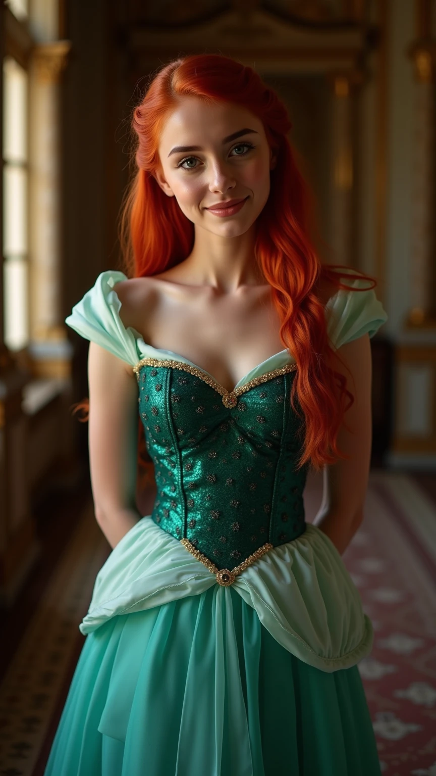 Very Close-up portrait of a demure figure, a teen  in a ariel costume, ornate ball gown, ((18 years old with tiny breasts; Disney princess Ariel costume; glued to the body; beautiful and elegant; tiny breasts; red hair swept to the side))) and piercing gaze, standing in a dimly lit palace room with ornate designs and a high ceiling, with just a hint of early morning sunlight peeking through the windows. She stands firm, hands clasped behind her back, as she gives a slight  smile. The lighting in the room is dim with a lot focus on her tiny breasts