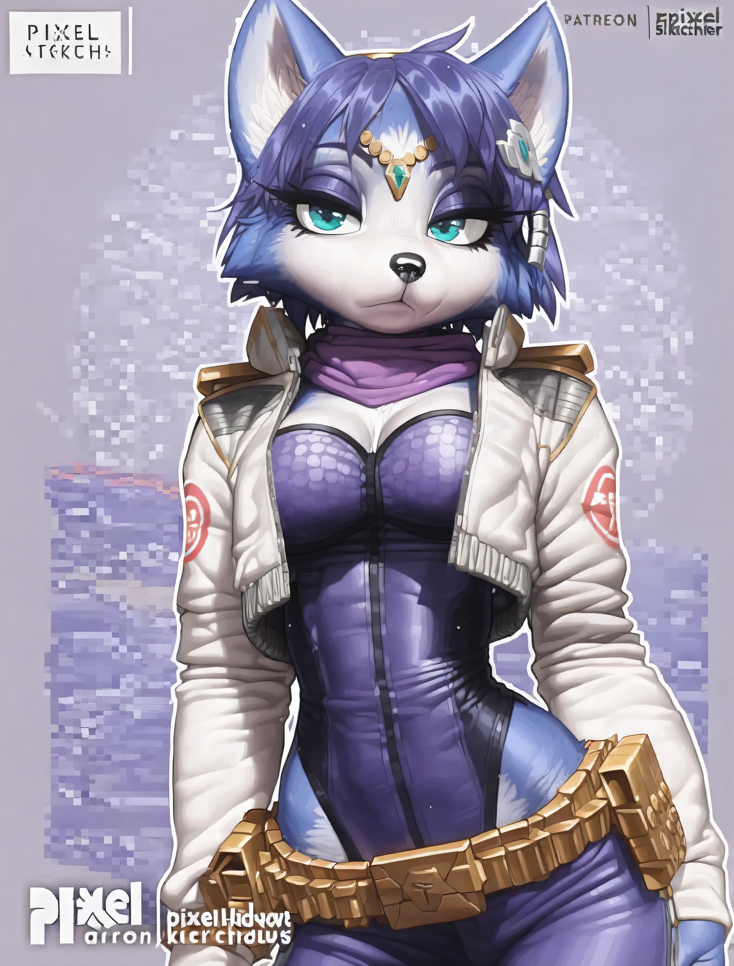 ((Krystal)), ((Starfox)), ((pixelsketcher)), ((wamudraws)), ((masterpiece)), ((high resolution)), ((cartoon style)), ((solo portrait)) {(attractive figure), (toned body), (slim waist), (hip dips), (blue fur), (black nose), (pointed fox ears), (blue hair), (hair accessories), (turquoise eyes), (half lidded eyes), (indigo eyeshadow), (long eyelashes), (calm look)}, {(navy blue jumpsuit), (white jacket with star fox logo), (navy blue pants), (purple scarf), (utility belt)}, {(looking at viewer)}, ((military base))