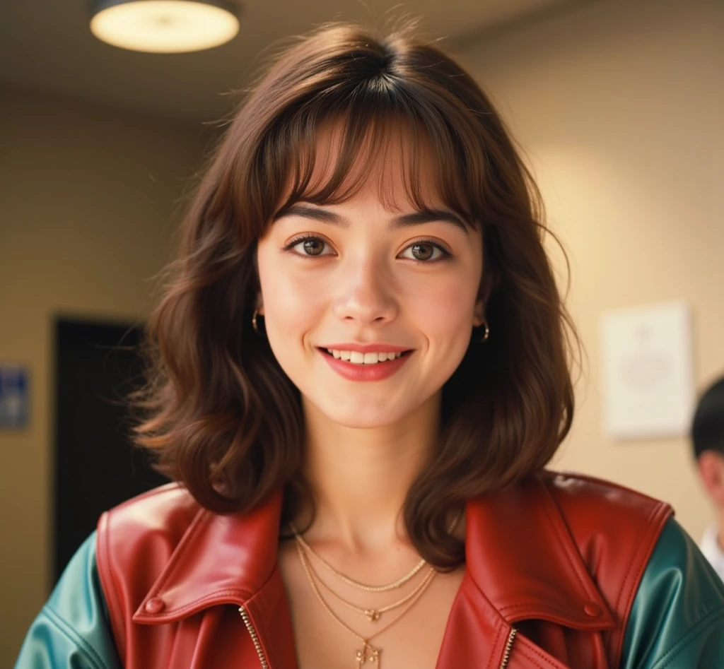 a young woman with brown hair, wearing a red jacket, realistic portrait, attractive girl, cute face, bangs, detailed facial features, beautiful eyes, high quality, photorealistic, cinematic lighting, 8k, detailed skin, intricate hairstyle, warm color tones, portrait, 90's