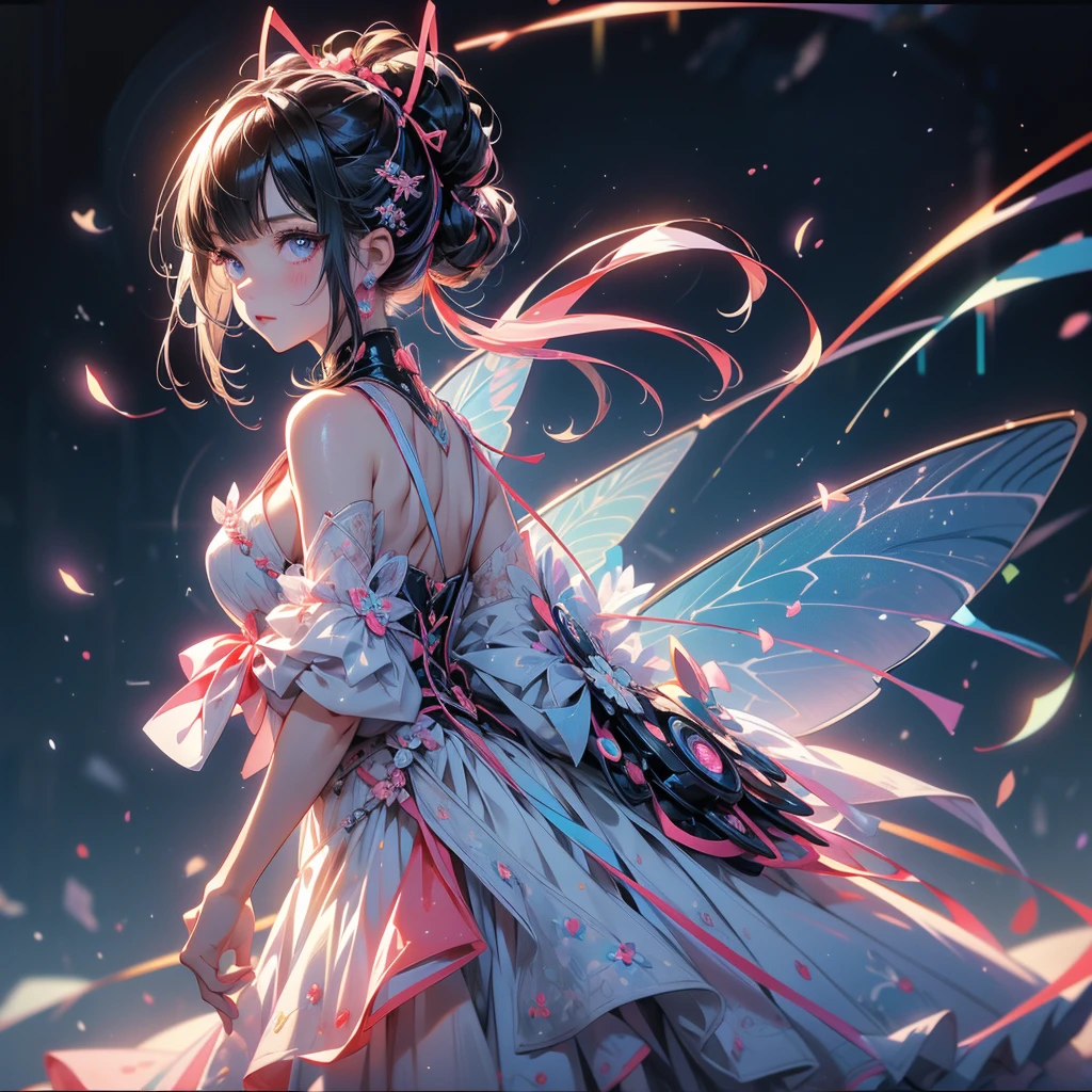 multiple exposure, raw photo:1.2, masterpiece, highest quality, 16k, unbelievably absurd, very detailed, perfect beauty, (starry sky with milkyway), (a fantasy world where fairies live), (water color style), (sheer bowlgown dress), (flower tattoos all over the body), (fairy wings), beautiful woman, jet black bob cut, drooping eyes, particles of light, professional lighting, vibrant colors, illustration, woman