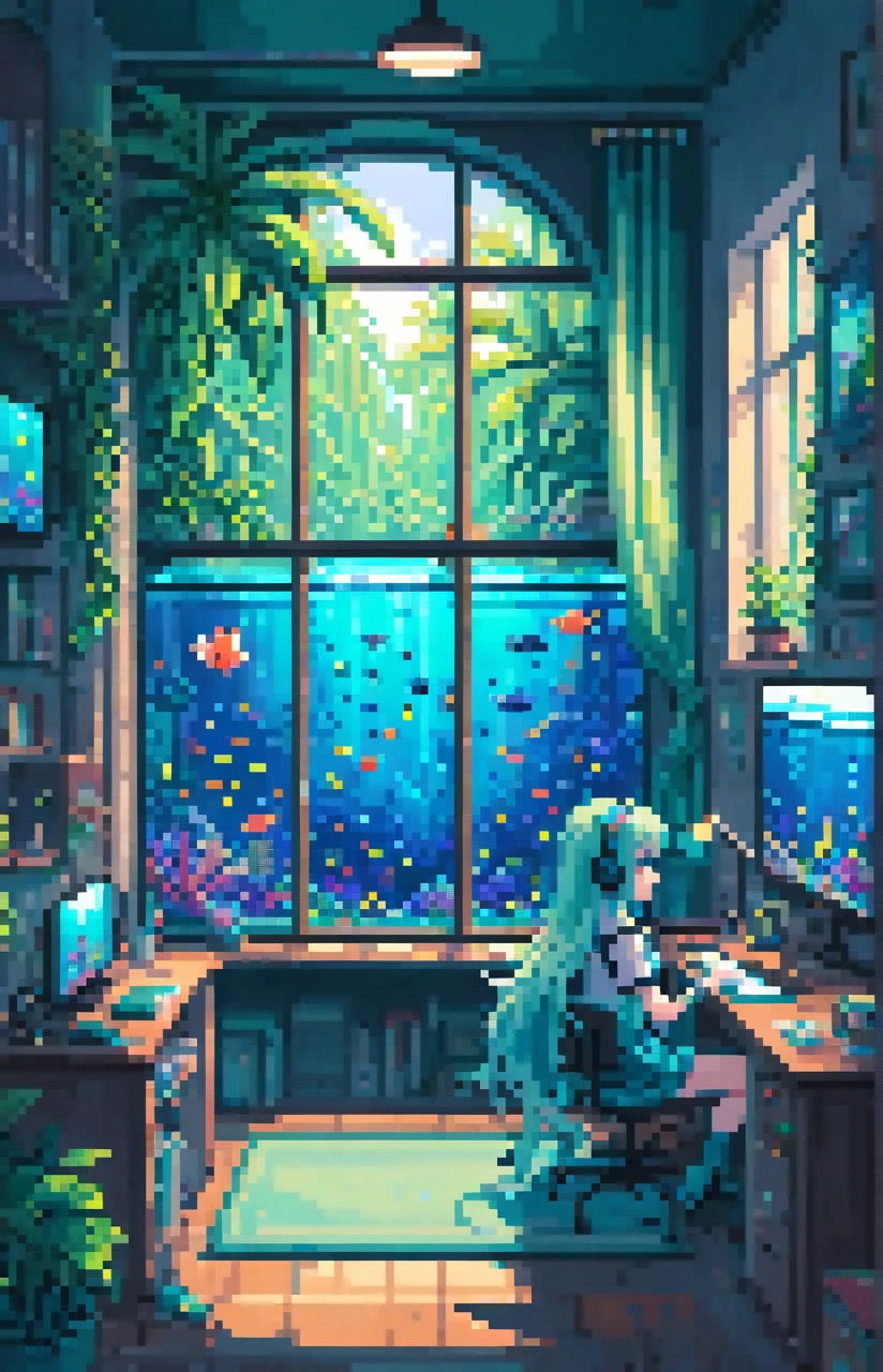 Pixel art， and the girl studying ， Long Hair ， Hatsune Miku ，， facing her desk with headphones on，Pencil and notebook on desk ， she's writing in a notebook ，There is a water tank beside the desk ，Tropical fish in the tank ，night， windows are open， green curtain in the window ，night景都市が窓から見える，Retro Room，Barely，Pixel，