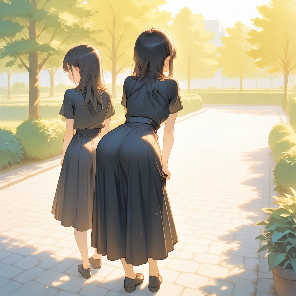 dressed girl, Girls from behind, two young women, in black shirts and skirts, very large skirt down to their feet, round and medium breasts, medium waist, wide hips, large and round butt, backyard, 