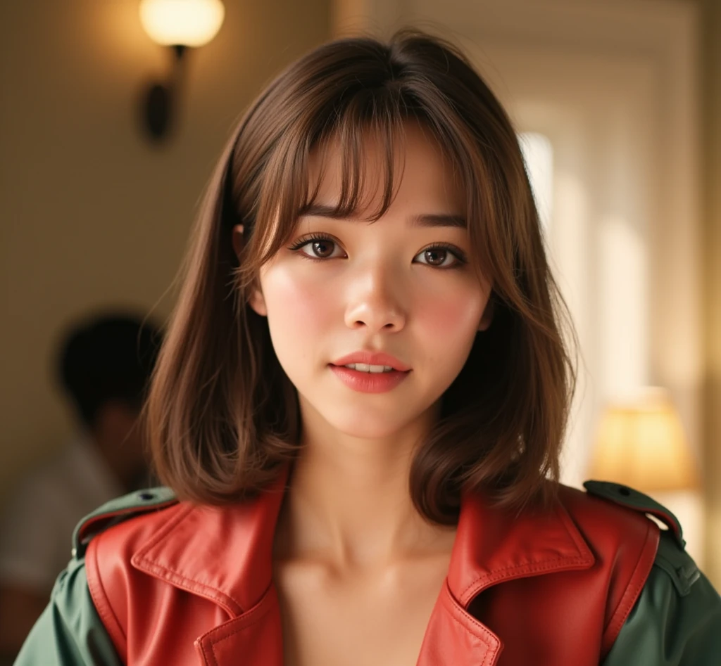 a young woman with brown hair, wearing a red jacket, realistic portrait, attractive girl, european girlfriend, cute face, bangs, detailed facial features, beautiful eyes, high quality, photorealistic, cinematic lighting, 8k, detailed skin, intricate hairstyle, warm color tones, portrait, 90's