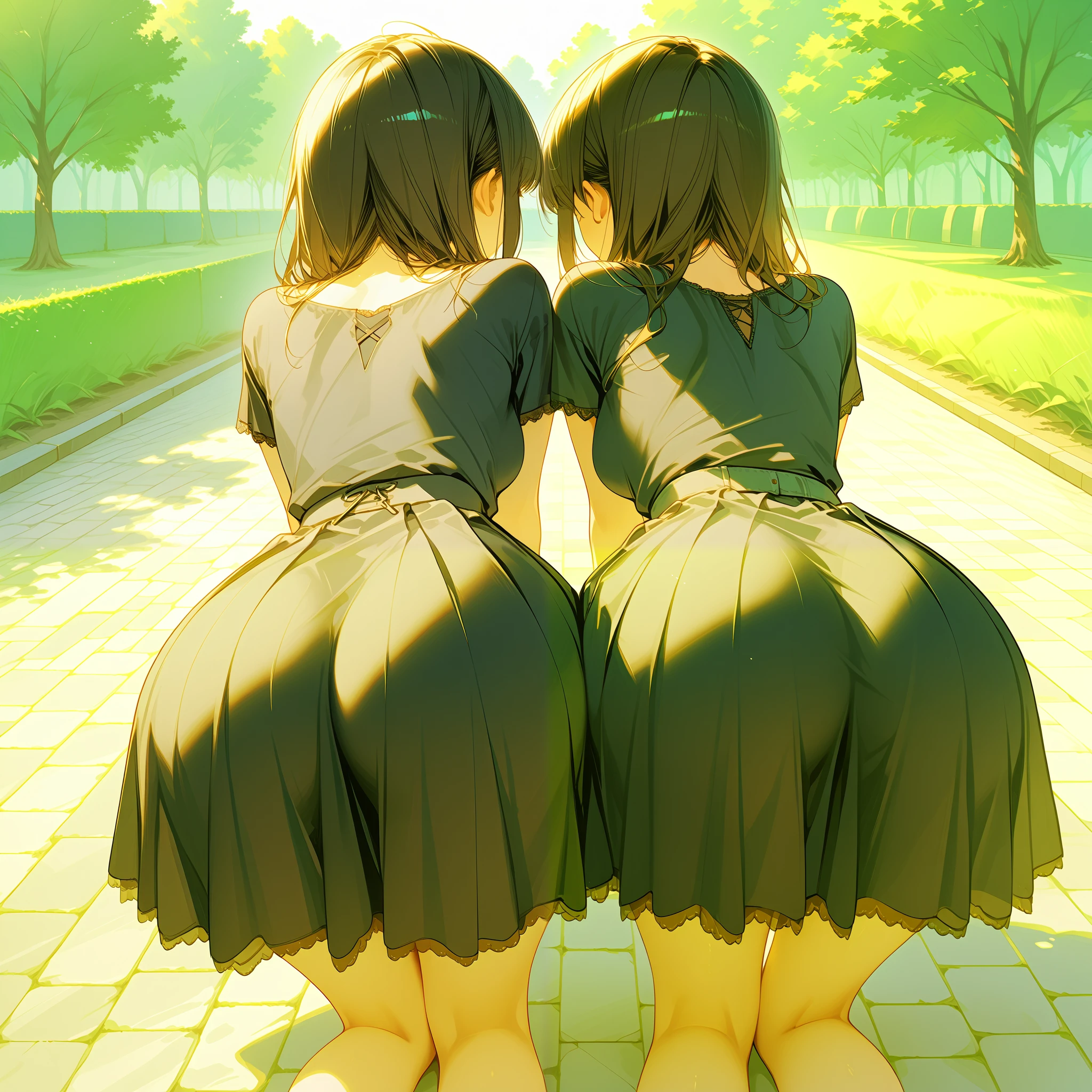 dressed girl, Girls from behind, two young women, in black shirts and skirts, very large skirt down to their feet, round and medium breasts, medium waist, wide hips, large and round butt, backyard, 