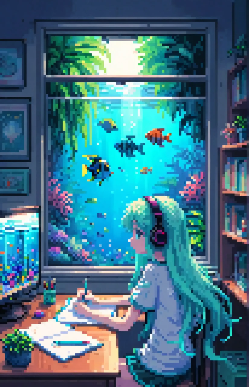 Pixel art， and the girl studying ， Long Hair ， Hatsune Miku ，， headphones on the side of the desk，（Pencil and notebook on desk ， she's writing in a notebook ），［I'm facing the desk with a small water tank ，Tropical fish in the tank ］，night， windows are open， green curtain in the window ，night景都市が窓から見える，（Retro Room），Barely，Pixel，