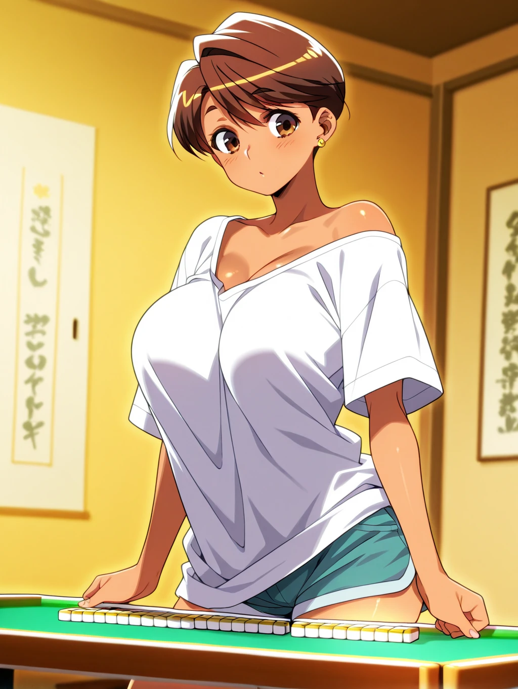 Toono mizuki , dark-skinned female, brown eyes, earrings,  from the side 1 girl ,   No.,  shorts, Masterpiece,  best quality ,Big Breasts、stripgame、Mahjong table、Strip Mahjong、comics、comicsページ、 comicsページ、 comics　Panel layout、comicsシーン　Mahjong tournament、 Punishment Game、2 Scenes　nsfw　モノクロcomics　comics割り　Mahjong Match 　Opponent　Middle-aged fat shota、 oversized shirt、Spectacle　4-person mahjong 　Group　
