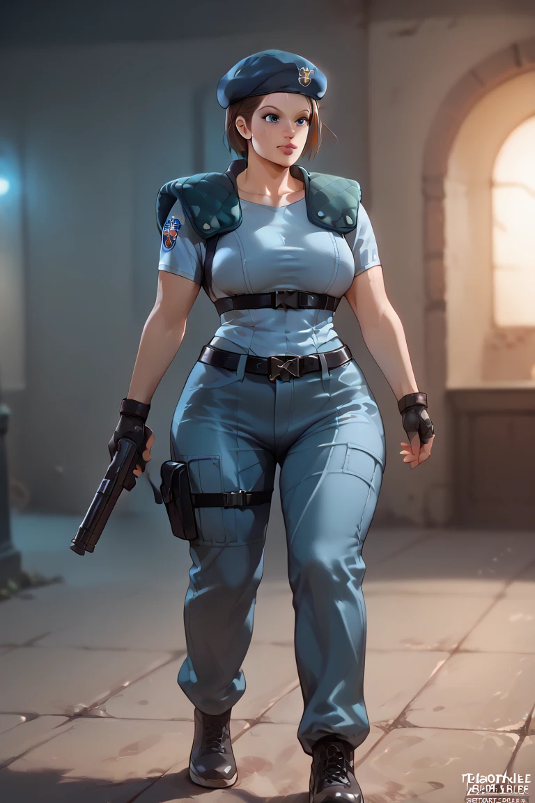      Jill Valentine,   masterpiece  ,     top quality,      1 girl , Alone,      is standing, , beret, uniform,   Shoulder pads  , Short sleeve, Harness, belt,  pants,      immovable pattern     ,  big ,  big butt , She's showing her side,  feet,  big butt ,   neckline  ,  big  