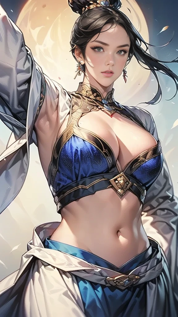 Solo, beautiful female, in Ancient Chinese war, Ancient Chinese princess, about 24yo, ((dynamic pause:1.4,motion blur, standing and open arms, blur, almost whole body shot, front view, perfect rendering)), long onyx black hair, thin , smooth, detailed sexy face, perfect eyes, faint smile, seductive body, perfect ,  (best quality,4K,8k, high definition ,masterpiece:1.2),super detailed,(Realistic,photoRealistic,photo-Realistic:1.3), NFSW:1.05, (wearing ancient Chinese battle dress, royal blue and white, long sleeve, elegant, off shoulder, cleavage, sexy midriff peak, armor), perfect cinematic lighting, perfect lighting positions for best shadows, depth of field, vibrant color , optimized , best quality, perfect anatomy, incredibly absurdres, realistic, extremely detailed, intricate accurate artwork, 4k, 8k, vibrant colors distribution, delicate painting, (midnight, night sky, A beautiful full moon , extremely detailed descriptions, battle scene, in background),
