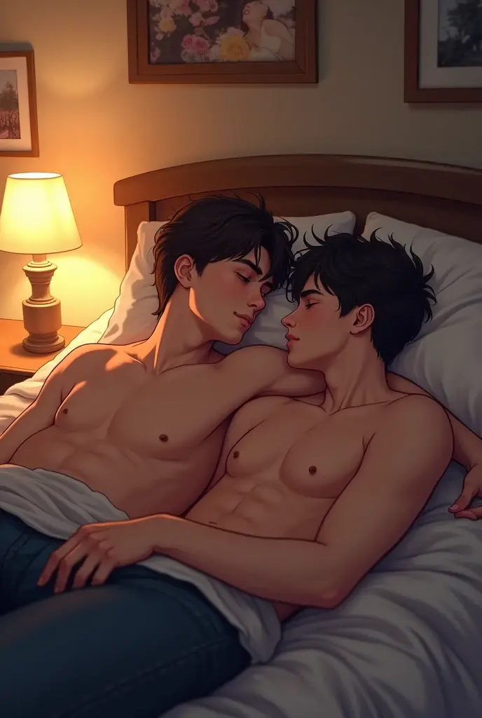 short black hair boy , light-skinned with a round face, fine nose, brown-eyed, strong in underwear, lying on a bed with a curly brown-haired boy , high, with green eyes, black skin, and that the whole body can be seen