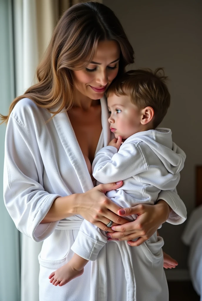 Woman and child in the bath，Wipe your child's hair with a towel, beauty shot, true realistic image, bottom angles, Morning glow, a warm color palette, product introduction photos, SleekDesign, advertising photograph, author：Thomas Hefner, Innovative product ideas, premium bathroom design, Master, v ray, an award winning masterpiece, dark-toned product photos, detailed scene