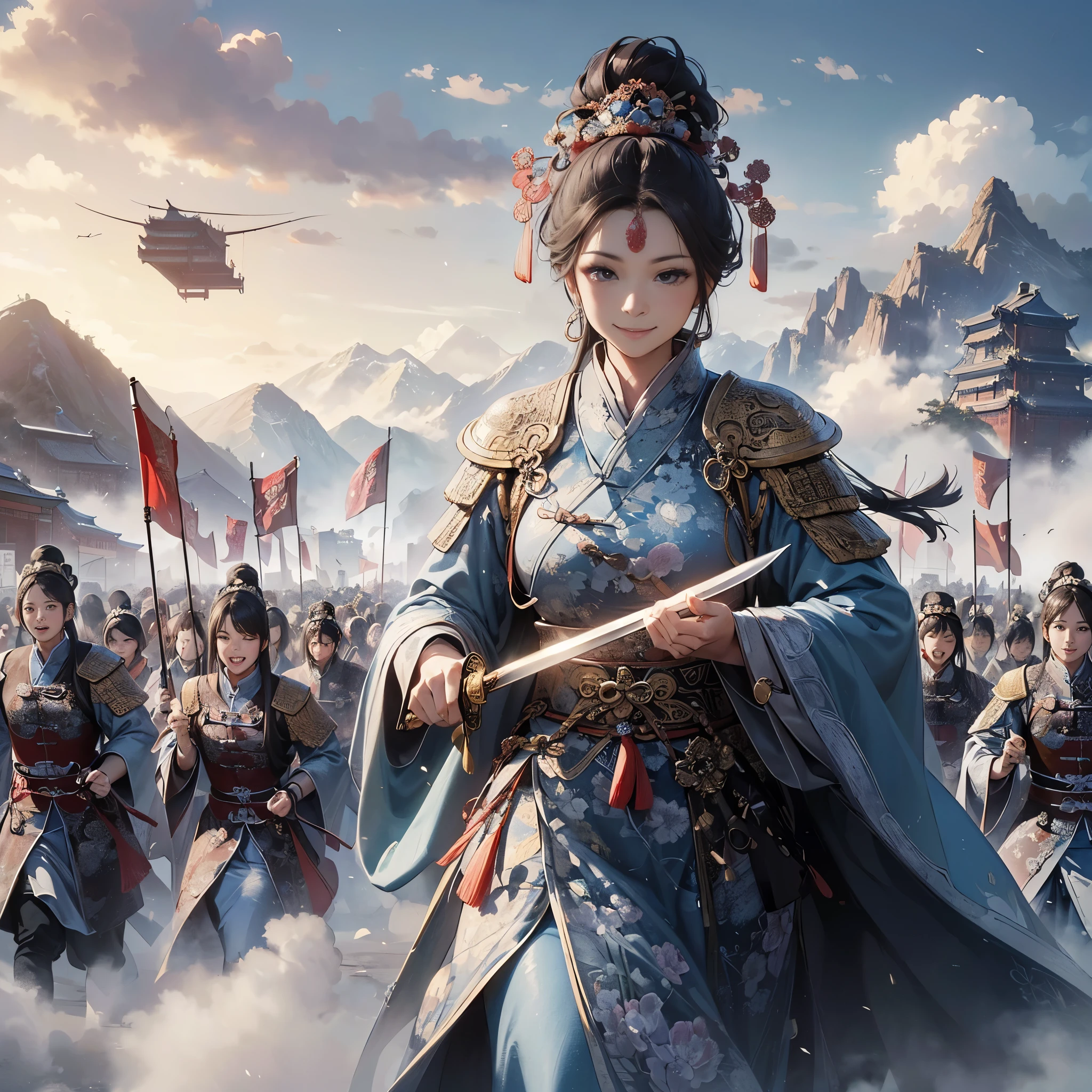 (masutepiece:1.2), (Best Quality:1.2), (high resolution:1.2), (beautiful face and eye:1.2), (sharpest focus:1.2), (Ultra-realistic Photo:1.2), (Ultra-precise Photo:1.2), (Depth of field:1.2), (perfect anatomy:1.2), (nice hands:1.2), 
(perfect hands:1.2), (Chinese Song dynasty middle-aged female military chief:1.0), (female military commander leading daughter  army with Chinese sword raised wide:1.0), (Fearless smile:1.5), (winning smile:1.5), 
(daughter  army approaching with a cloud of dust:1.0), (beautiful and magnificent natural land of Song dynasty China:1.5), (incoming clouds rising in the clear blue sky:1.0), (tremendous superlative perspective:1.0), 