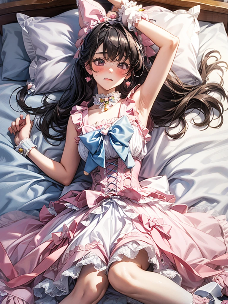 Misha has fair skin with blue eyes and peach lips. Her thickly curled brunette hair is thigh-length with right facing bangs and a portion worn over the shoulder. Her white, fluffy mouse hat has a pale pink inner-ear.
Her undergarments consist of cheese print top and panties, with ribbon lining the top and tied in the middle, adorned by a heart. Normally, she wears a short pink ruffled dress with a white dot pattern and magenta rose design. Around the top of the chest is a band of fabric circling her shoulders. She wears white floral lace socks with red sandals that have fabric covering the toe and heel, with a pair of ears on the back. On the ankle is a skinny strap. The white platform sole accents the mouse face drawn on the toe. SPARKLE; GLITTER