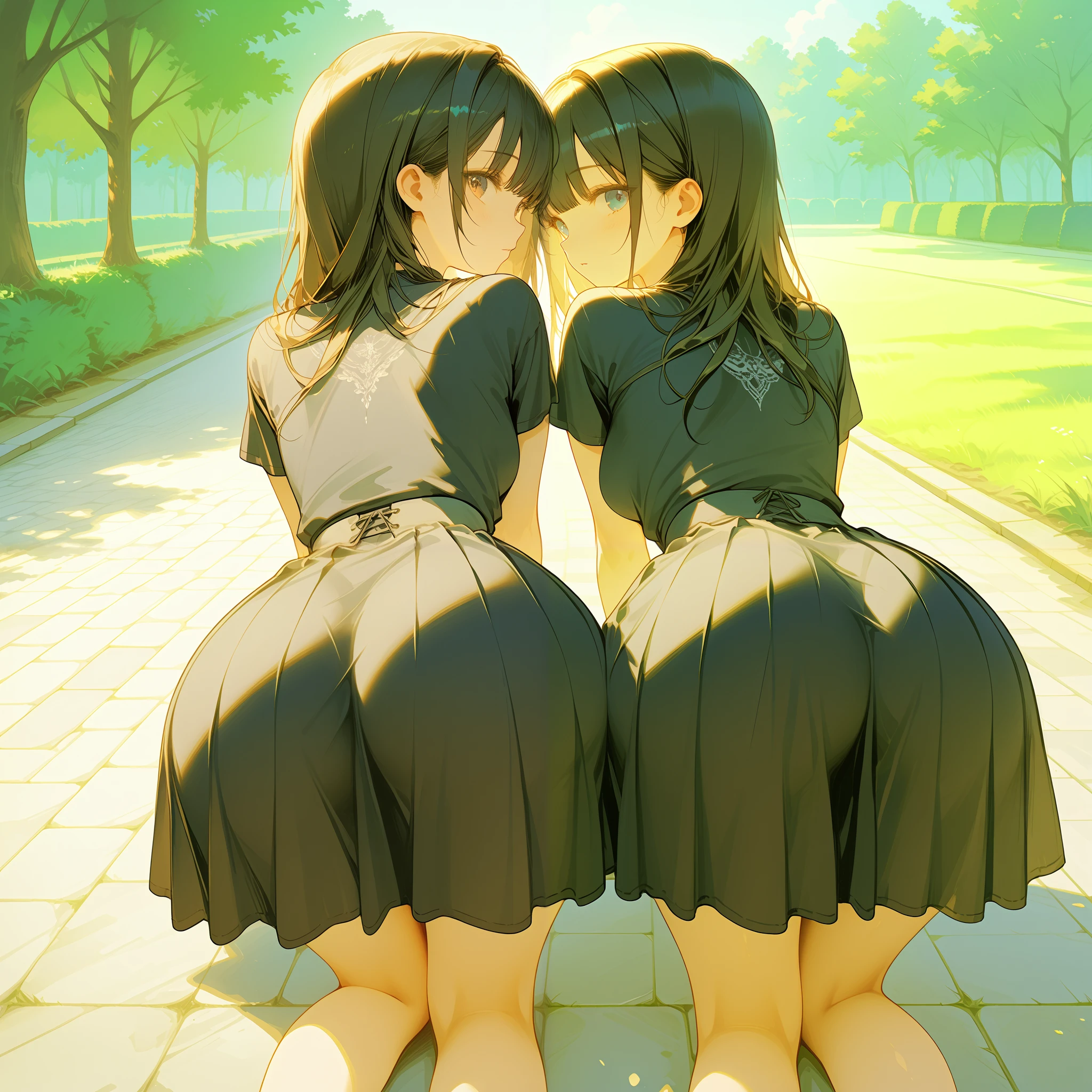 dressed girl, Girls from behind, two young women, in black shirts and skirts, very large skirt down to their feet, round and medium breasts, medium waist, wide hips, large and round butt, backyard, 