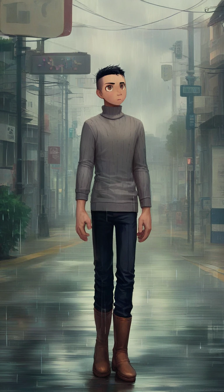  man in the rain . foto de   Full body   del hombre empapado por la lluvia.   tilts his head up to look at the rain ,   rainwater flows down his face  . He is walking down the street  ,   The sky is dark  , (  Detailed  ), (((normal boy))), ((  black hair rapado)), (( shaved hair )), (calm face), (( brown boots )), (((  Full body  ))), ((male)), (((grey turtleneck sweater))), ((solo una persona)), (( brown eyes)), ((  black hair)), ((human))