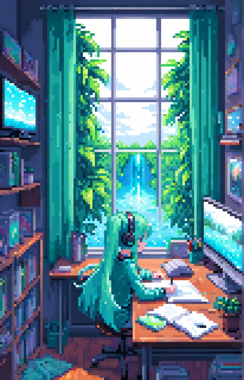 Pixel art， and the girl studying ， Long Hair ， Hatsune Miku ，， facing her desk with headphones on，（Pencil and notebook on desk ， she's writing in a notebook ），I'm facing the desk with a small water tank ，night， windows are open， green curtain in the window ，night景都市が窓から見える，（レトロなroom），Barely，Pixel，room