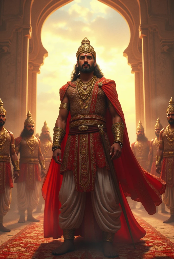 Farmer and trader man standing in front of a Tamil Nadu king in a palace