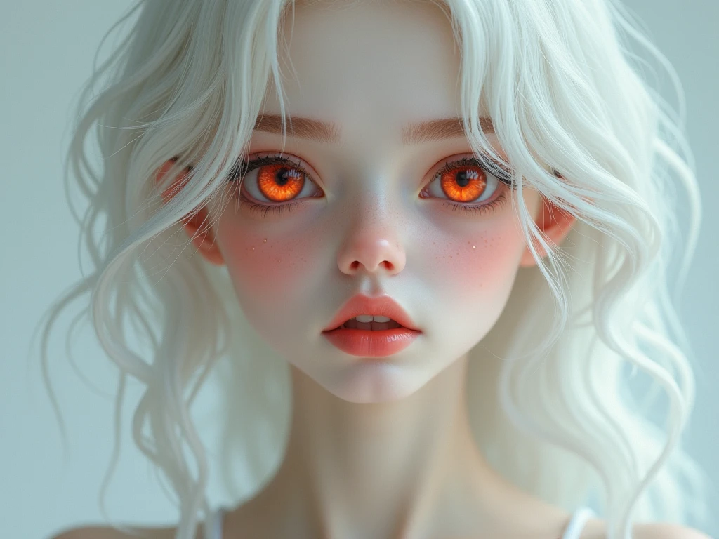 of a real，Perfect facial features，Realistic skin texture，Cute baby vampire girl，closeup cleavage，head portrait，with her mouth open，（See the throat：1.4），Blood-red eyes，（long canine teeth：1.4），There is blood on the teeth，long whitr hair，（blood stains at the corners of the mouth：1.4），Blood，depth of fields，dynamic blur，high light，Real light，Ray traching，oc rendered，Hyper-realistic，best qualtiy，8K，Works of masters，super-fine，Detailed pubic hair，Correct ???????，sharp focus on eyes，Bokeh，Facial features are carefully depicted