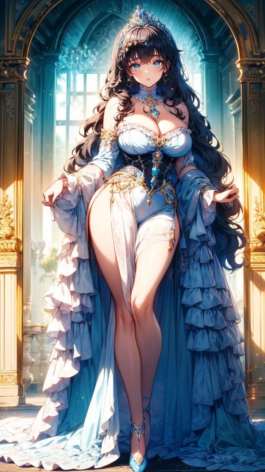 ( ultra detail), ( best quality ), ( high definition),  1 girl, (((1 princess in  Gorgeous Princess Rococo Victorian Gown with Voluminous Hoop Skirt ))),   a very rococo royal princess gown with beautiful embroidery and very rococo jewels  , Gorgeous embroidery and beautiful lace,  sheer lace , Big Breasts,  super detailed skin, (((  Solo Youngface Princess standing in a palace  ))),  Luxurious Ruffle Gown  , 
 break 
Fluffy shiny hair  , (( super voluminous long hair )), Curly Hair, (((  asymmetrical bangs  ))), Beautiful jeweled tiara,   crystal earrings ,  beautiful eyes, Faint lips,  gentle and beautiful face ,  detailed face and eyes , Long veil, (((  anatomically accurate hand ))),  Skin Transformation, 
  Blake 
 , Front View,  staring at viewers ,   Full Body Portrait, ( depth of field),  caustics ,  Cinematic Lights, ( Moe anime art style :1.3), ( beautiful background), (( Gorgeous Princess Rococo Victorian Gown with Voluminous Hoop Skirt )), 