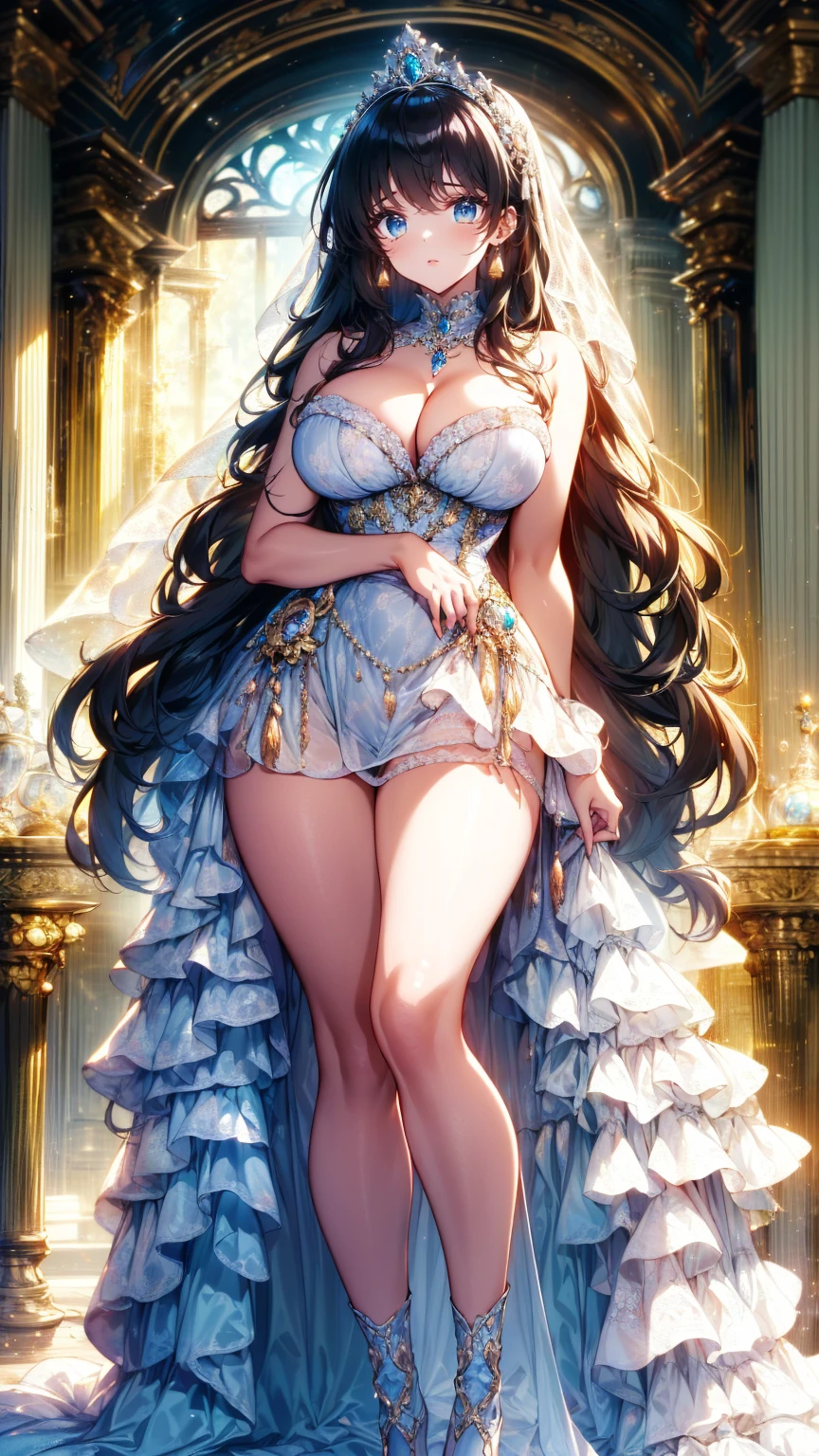 ( ultra detail), ( best quality ), ( high definition),  1 girl, (((1 princess in  Gorgeous Princess Rococo Victorian Gown with Voluminous Hoop Skirt ))),   a very rococo royal princess gown with beautiful embroidery and very rococo jewels  , Gorgeous embroidery and beautiful lace,  sheer lace , Big Breasts,  super detailed skin, (((  Solo Youngface Princess standing in a palace  ))),  Luxurious Ruffle Gown  , 
 break 
Fluffy shiny hair  , (( super voluminous long hair )), Curly Hair, (((  asymmetrical bangs  ))), Beautiful jeweled tiara,   crystal earrings ,  beautiful eyes, Faint lips,  gentle and beautiful face ,  detailed face and eyes , Long veil, (((  anatomically accurate hand ))),  Skin Transformation, 
  Blake 
 , Front View,  staring at viewers ,   Full Body Portrait, ( depth of field),  caustics ,  Cinematic Lights, ( Moe anime art style :1.3), ( beautiful background), (( Gorgeous Princess Rococo Victorian Gown with Voluminous Hoop Skirt )), 